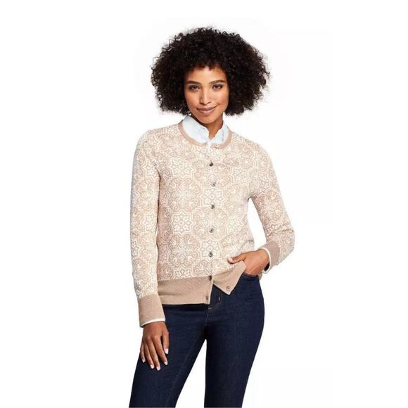 Lands’ End Ivory Snowflake Supima Cotton Sweater Cardigan Size Large - Picture 1 of 10